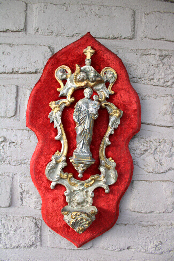 Antique French brass saint joseph statue figurine angels holy water font velvet
