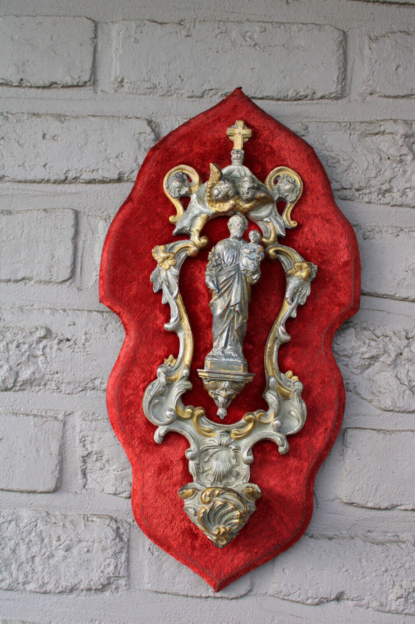 Antique French brass saint joseph statue figurine angels holy water font velvet