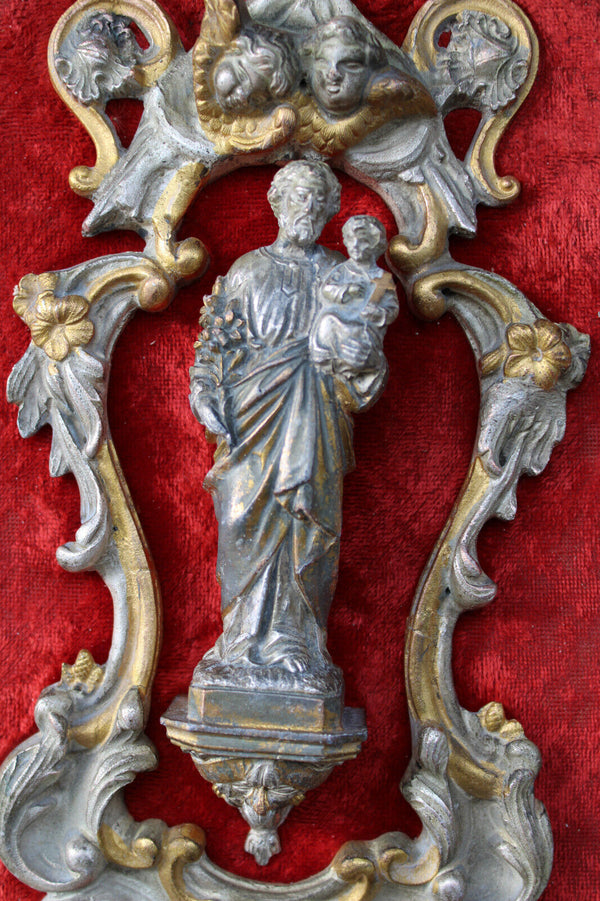 Antique French brass saint joseph statue figurine angels holy water font velvet