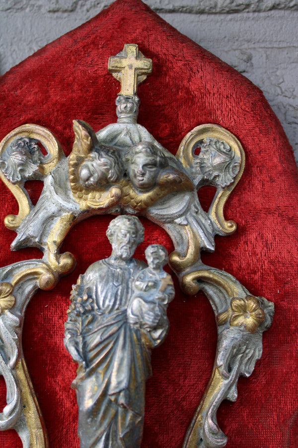 Antique French brass saint joseph statue figurine angels holy water font velvet