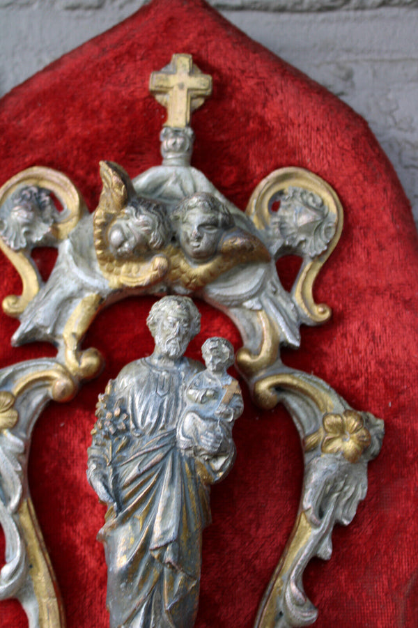 Antique French brass saint joseph statue figurine angels holy water font velvet