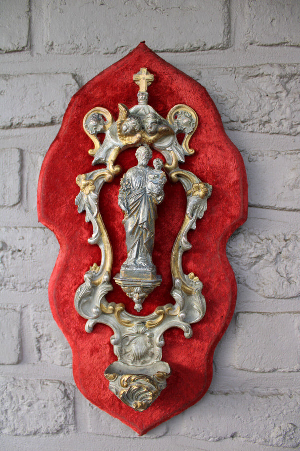 Antique French brass saint joseph statue figurine angels holy water font velvet