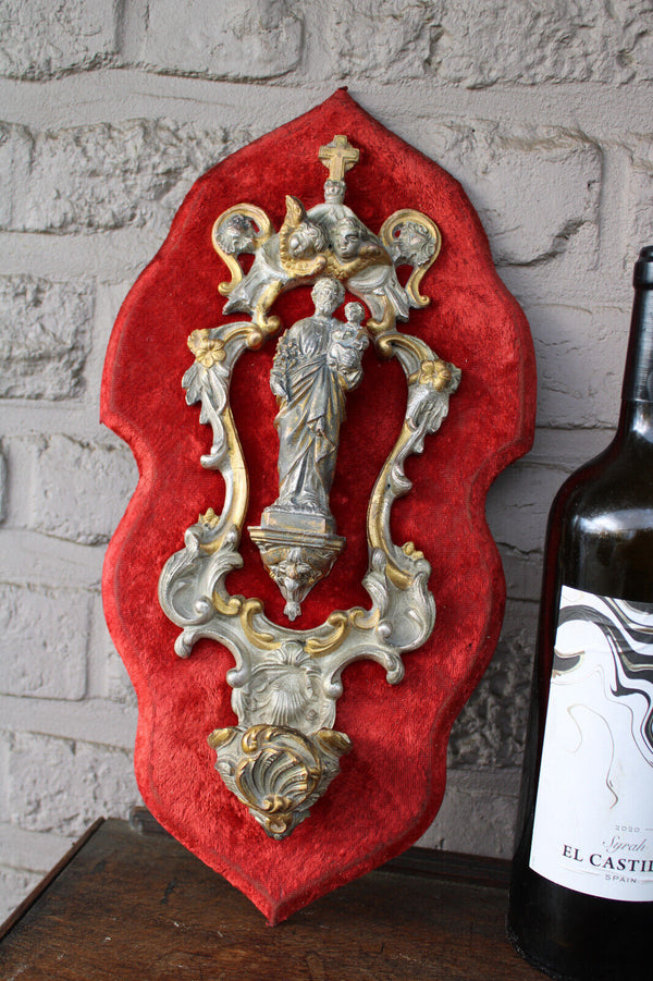 Antique French brass saint joseph statue figurine angels holy water font velvet