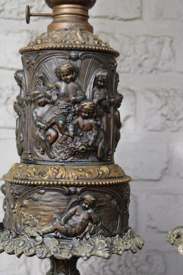 Antique XL PAIR Bronze metal relief putti cherub angels oil lamps glass shade