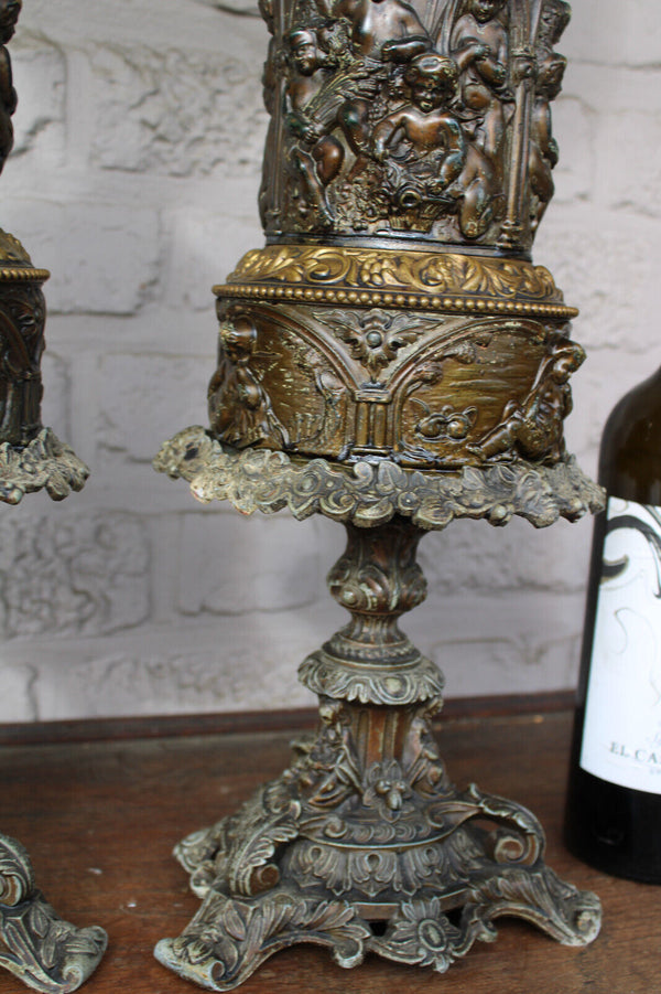 Antique XL PAIR Bronze metal relief putti cherub angels oil lamps glass shade