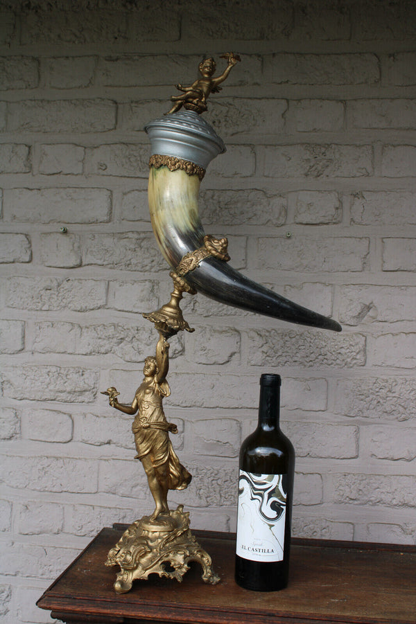 Antique XL spelter metal statue cornucopia lady horn putti cherub bird