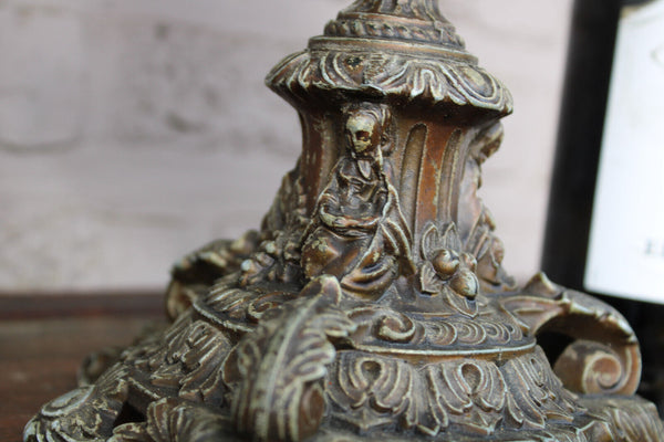 Antique XL PAIR Bronze metal relief putti cherub angels oil lamps glass shade