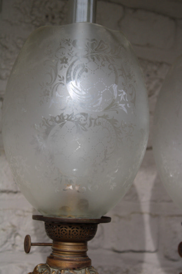 Antique XL PAIR Bronze metal relief putti cherub angels oil lamps glass shade