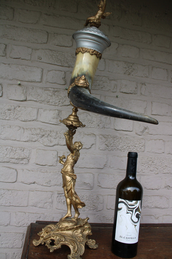 Antique XL spelter metal statue cornucopia lady horn putti cherub bird