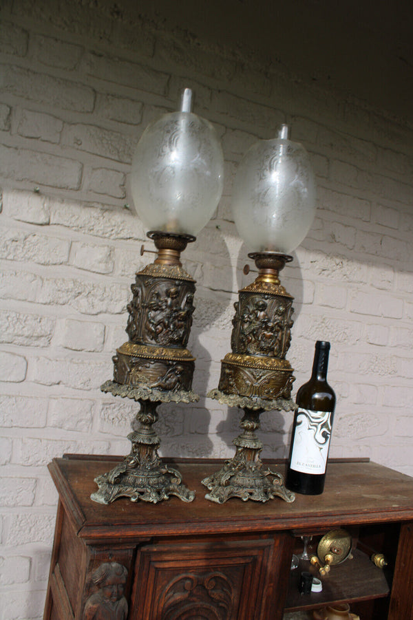 Antique XL PAIR Bronze metal relief putti cherub angels oil lamps glass shade