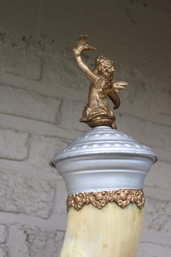 Antique XL spelter metal statue cornucopia lady horn putti cherub bird