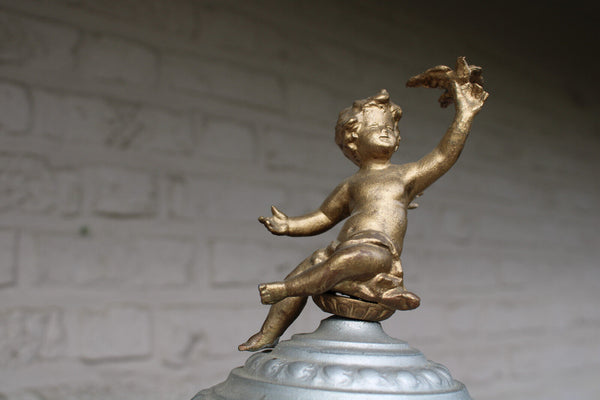 Antique XL spelter metal statue cornucopia lady horn putti cherub bird