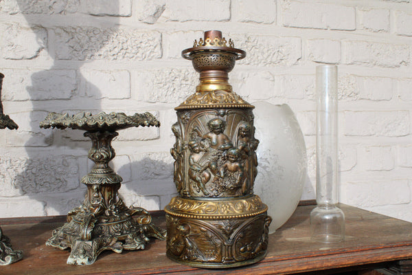 Antique XL PAIR Bronze metal relief putti cherub angels oil lamps glass shade