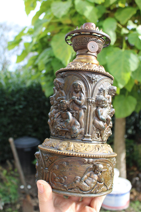 Antique XL PAIR Bronze metal relief putti cherub angels oil lamps glass shade