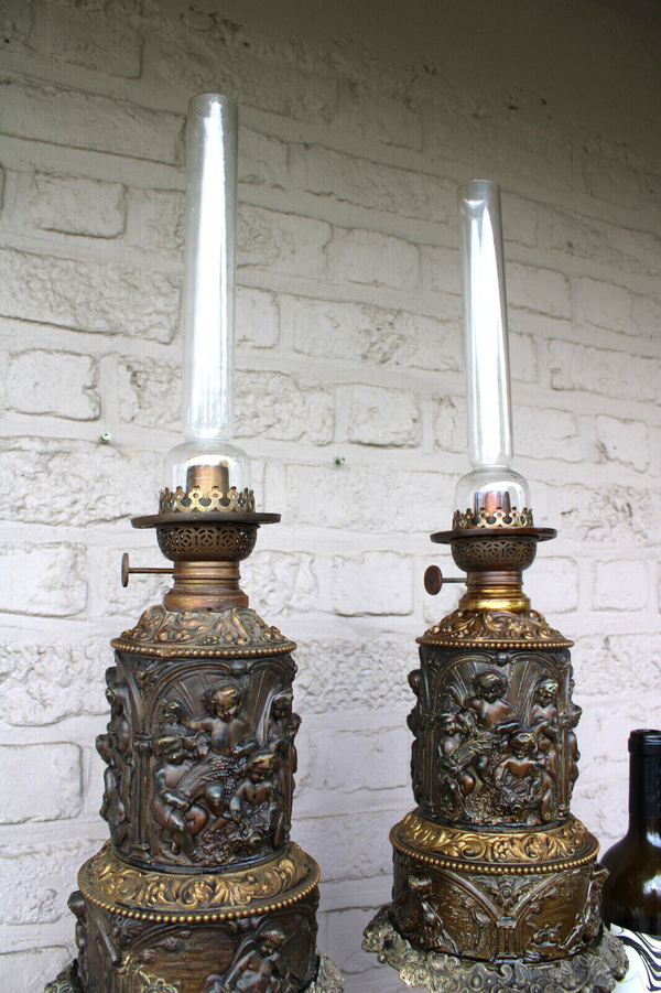 Antique XL PAIR Bronze metal relief putti cherub angels oil lamps glass shade