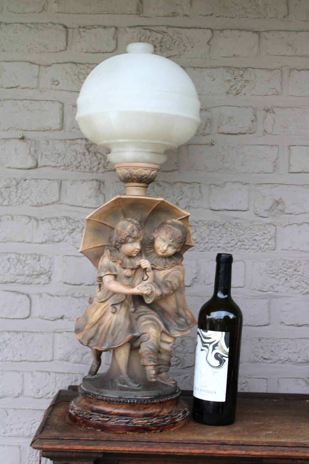 Antique BALESTRA  Terracotta signed Boy girl sculpure alabaster bowl shade 1950