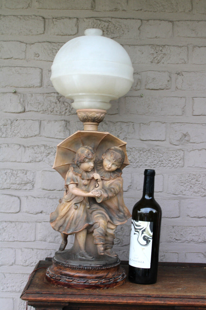 Antique BALESTRA  Terracotta signed Boy girl sculpure alabaster bowl shade 1950