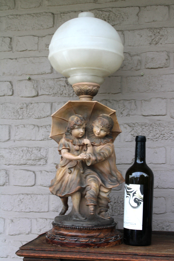 Antique BALESTRA  Terracotta signed Boy girl sculpure alabaster bowl shade 1950