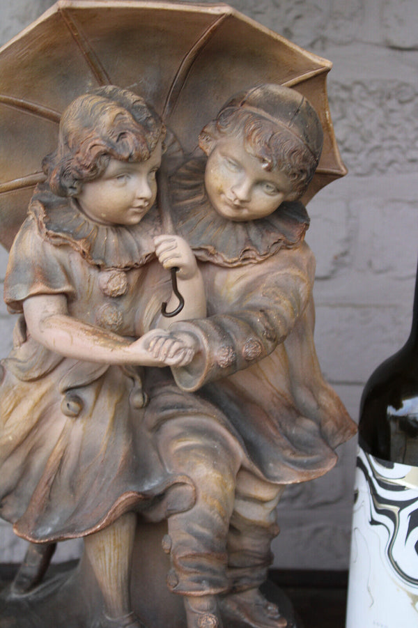 Antique BALESTRA  Terracotta signed Boy girl sculpure alabaster bowl shade 1950