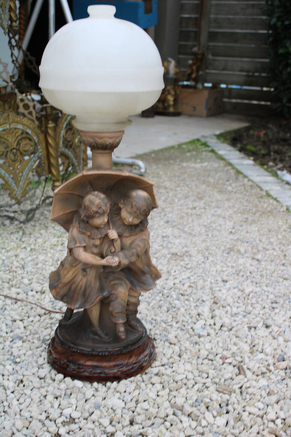 Antique BALESTRA  Terracotta signed Boy girl sculpure alabaster bowl shade 1950