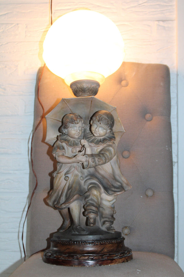 Antique BALESTRA  Terracotta signed Boy girl sculpure alabaster bowl shade 1950