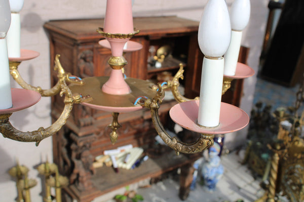 Vintage 1970 Metal pink 5 arm chandelier lamp