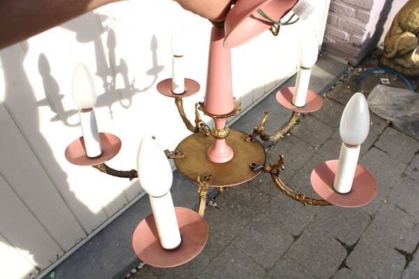 Vintage 1970 Metal pink 5 arm chandelier lamp