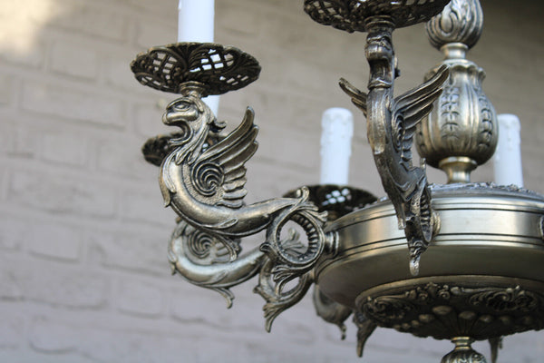 Vintage Brass silver grey Dragon 8 arms chandelier lamp