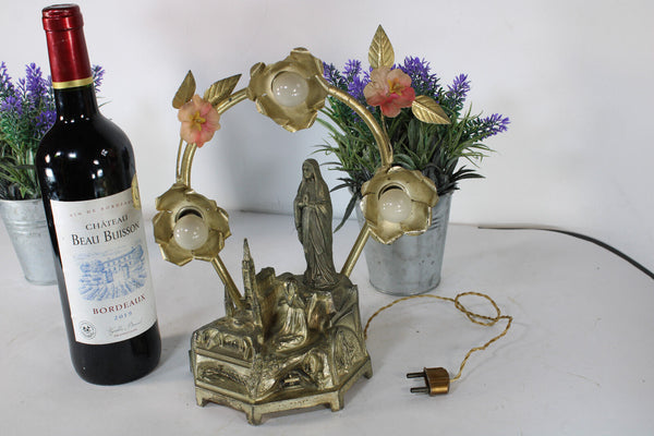 Antique spelter metal LOURDES music box statue with lamps flowers rare