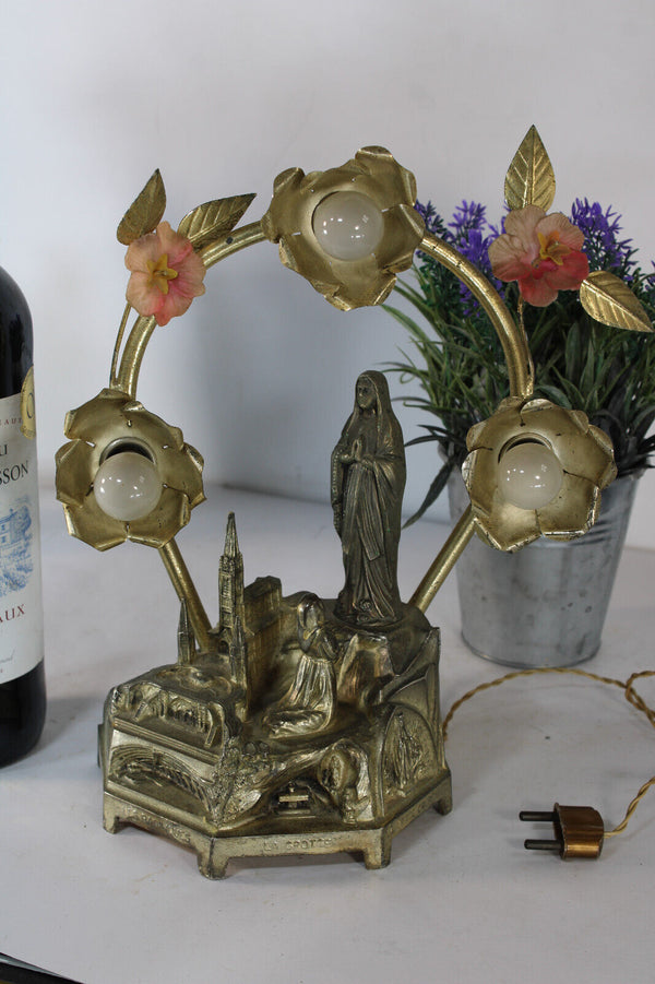 Antique spelter metal LOURDES music box statue with lamps flowers rare