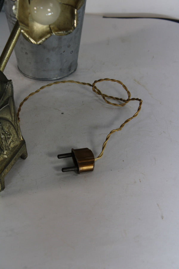 Antique spelter metal LOURDES music box statue with lamps flowers rare