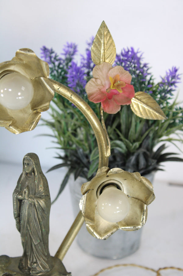 Antique spelter metal LOURDES music box statue with lamps flowers rare