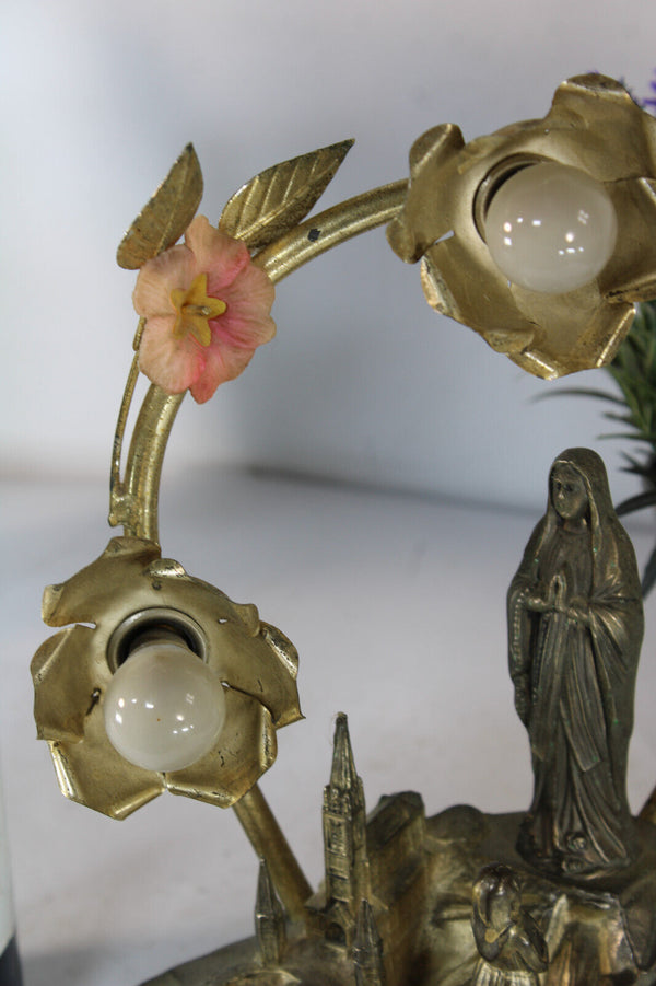 Antique spelter metal LOURDES music box statue with lamps flowers rare