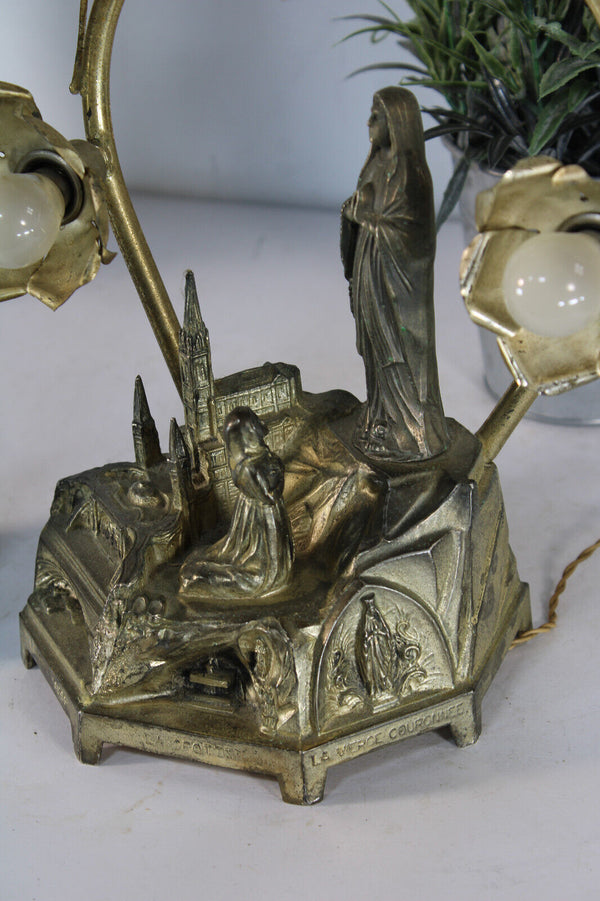 Antique spelter metal LOURDES music box statue with lamps flowers rare