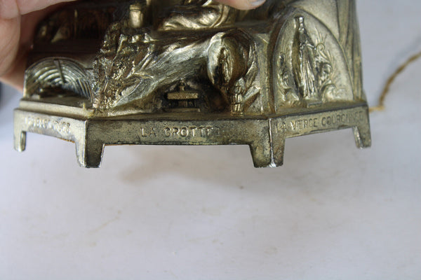 Antique spelter metal LOURDES music box statue with lamps flowers rare