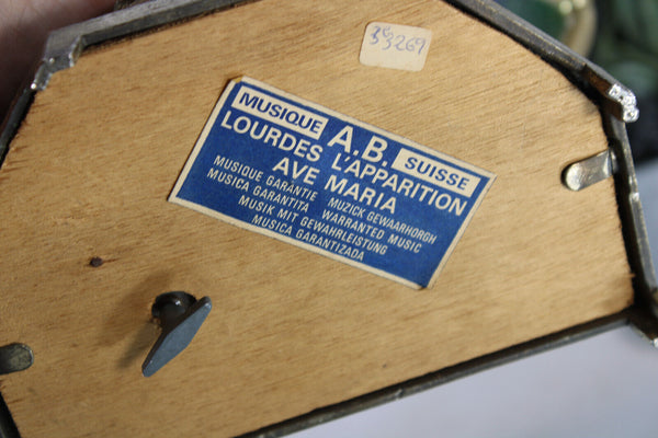 Antique spelter metal LOURDES music box statue with lamps flowers rare