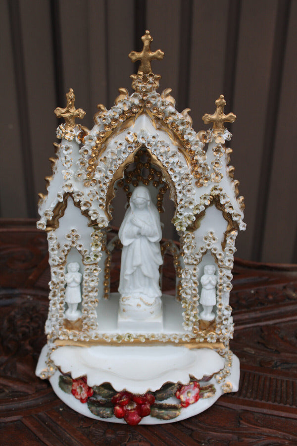 Antique 19thc vieux paris porcelain large holy water font neo gothic chapel mary