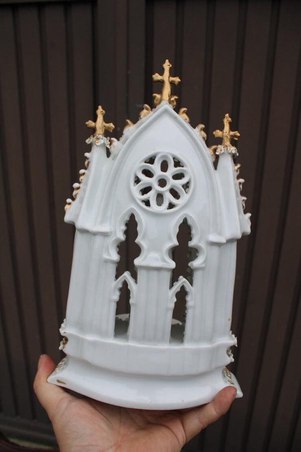 Antique 19thc vieux paris porcelain large holy water font neo gothic chapel mary