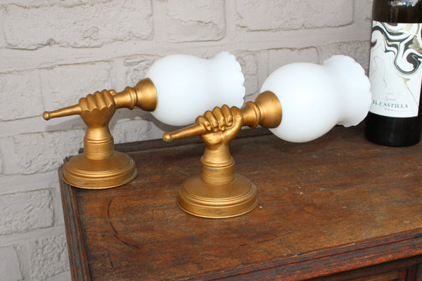 PAIR mid century bronze hand form sconces opaline shades attr maison jansen