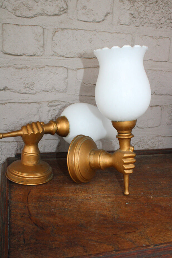 PAIR mid century bronze hand form sconces opaline shades attr maison jansen