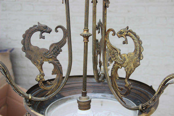 Antique French Gothic 3 Arm dragon Castle chandelier crystal glass coupe lamp