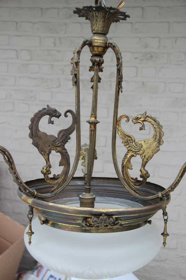 Antique French Gothic 3 Arm dragon Castle chandelier crystal glass coupe lamp