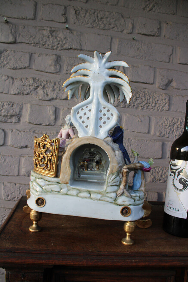Gorgeous porcelain mantel clock romantic couple palm tree 1970