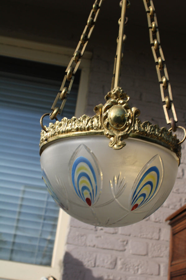 Antique belgian crystal glass bowl enamel coloured pendant lamp chandelier