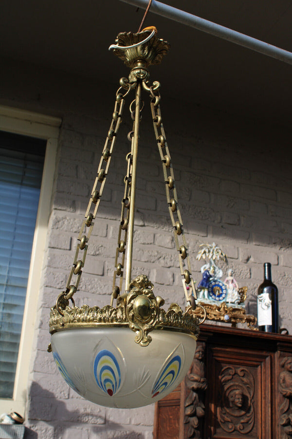 Antique belgian crystal glass bowl enamel coloured pendant lamp chandelier