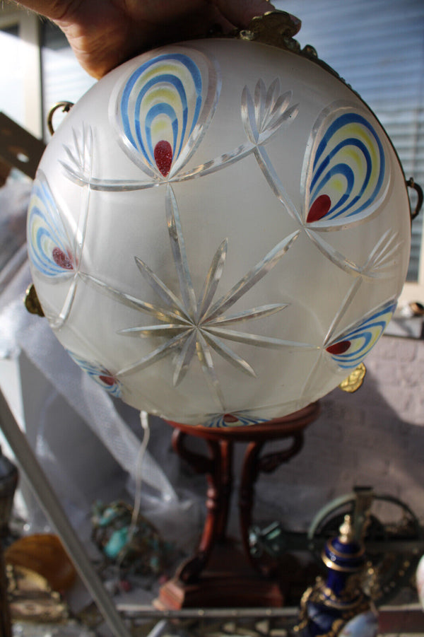 Antique belgian crystal glass bowl enamel coloured pendant lamp chandelier