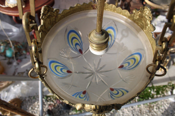 Antique belgian crystal glass bowl enamel coloured pendant lamp chandelier