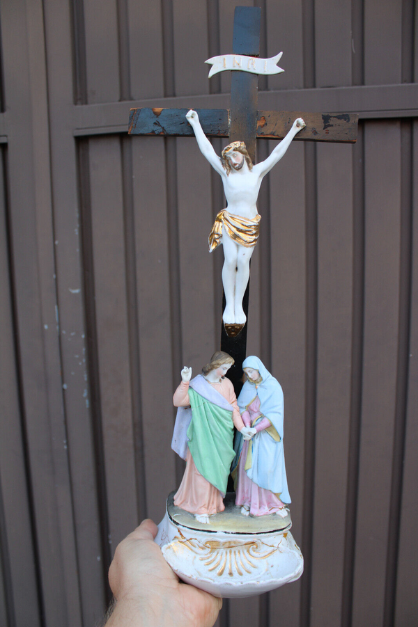 Antique belgian vieux andenne bisque porcelain holy water font calvary crucifix