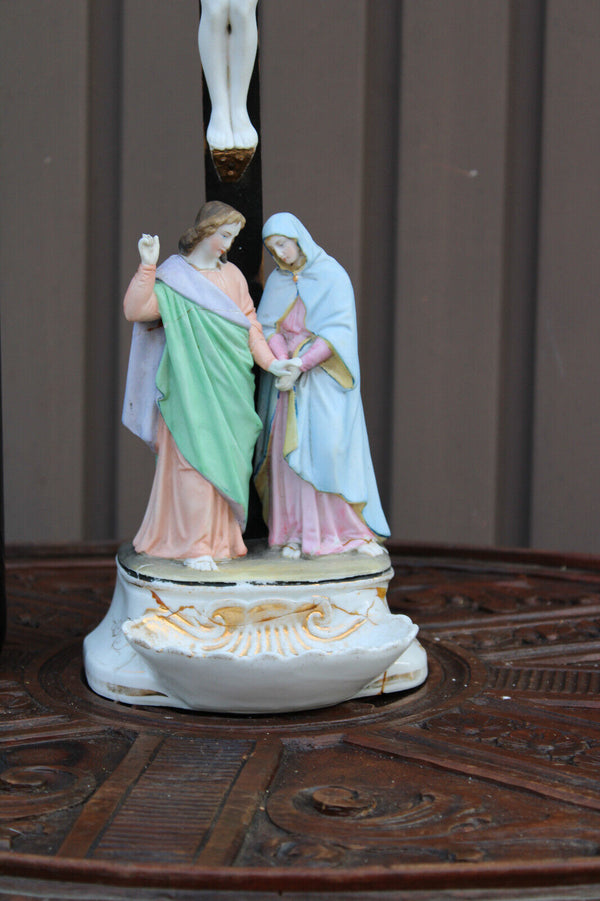 Antique belgian vieux andenne bisque porcelain holy water font calvary crucifix