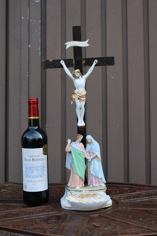 Antique belgian vieux andenne bisque porcelain holy water font calvary crucifix